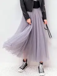 Vintage Tulle Skirt Women Streetwear Elastic High Waist Mesh Pleated Skirts Summer Elegant Korean A Line Office Ladies Skirt New