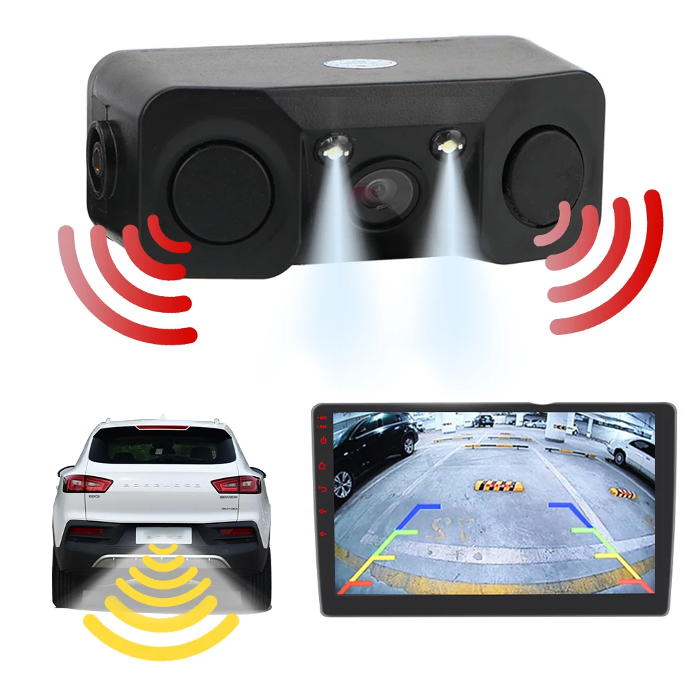 

LED Light Night Vision Car Accessories Reversing Radar Sensor Detector Mini Alarm Universal Rear View Camera 3 In 1