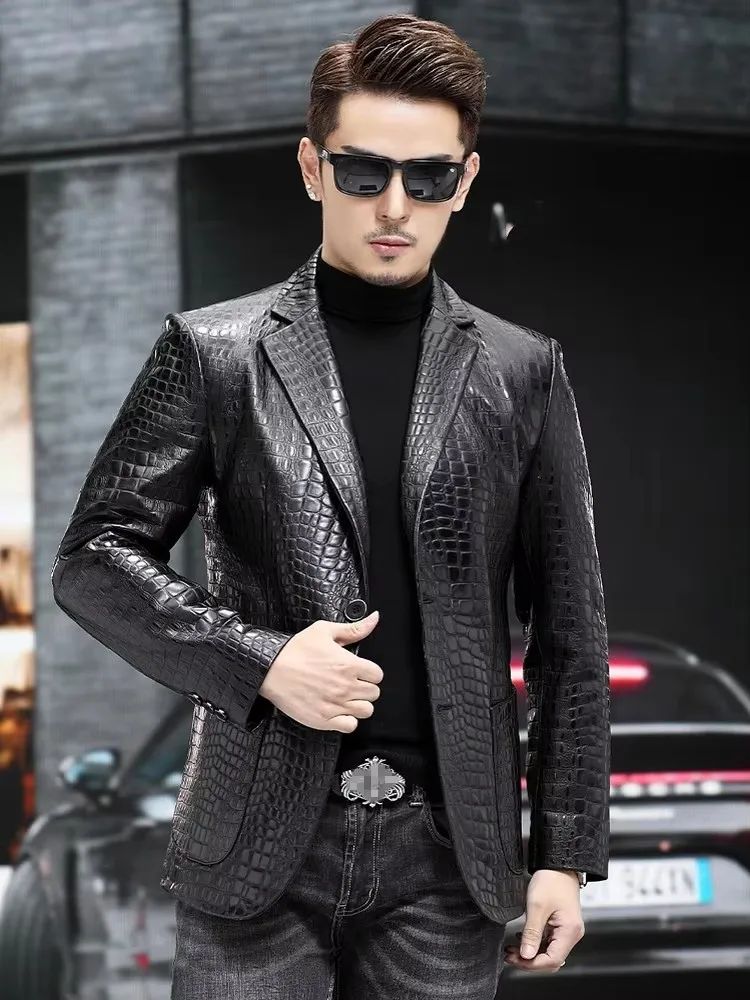 Luxury Business Men Alligator Pattern Genuine Leather Jacket Spring New Single Breasted Slim Fit Real Sheepskin Blazer Suit Coat