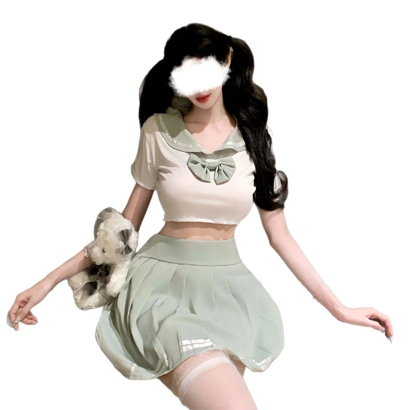 Uroczy top z krótkim rękawem i kokardą, plisowana spódniczka JK, seksowny strój do cosplayu w stylu uczelni, uwodzicielski strój dla par, gra w odgrywanie ról, strój uczennicy.