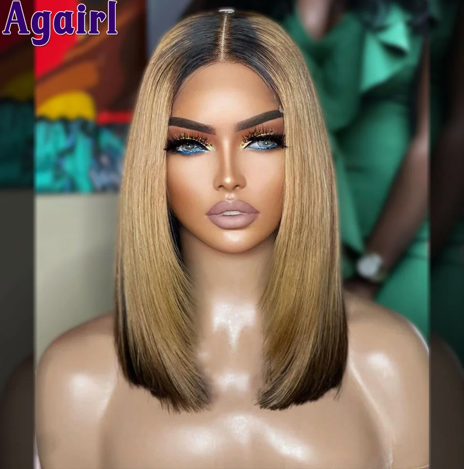 Perruque Bob Lace Front Wig naturelle lisse, cheveux courts, pre-plucked, blond ombré, noir, pre-plucked, densité 200%