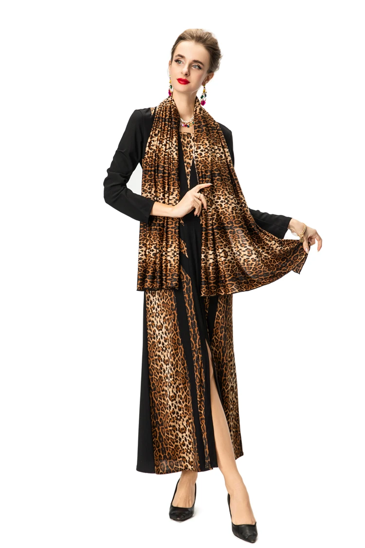 Edgy Women's Leopard Print Maxi Dress with Geometric Patchwork, High Slit & Matching Scarf for Party/Event