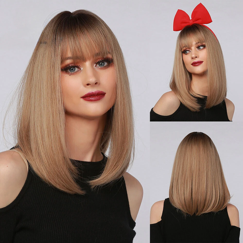 

Short Bob Brown Blonde Natural Straight Hair Bangs Women Daily Use Wigs