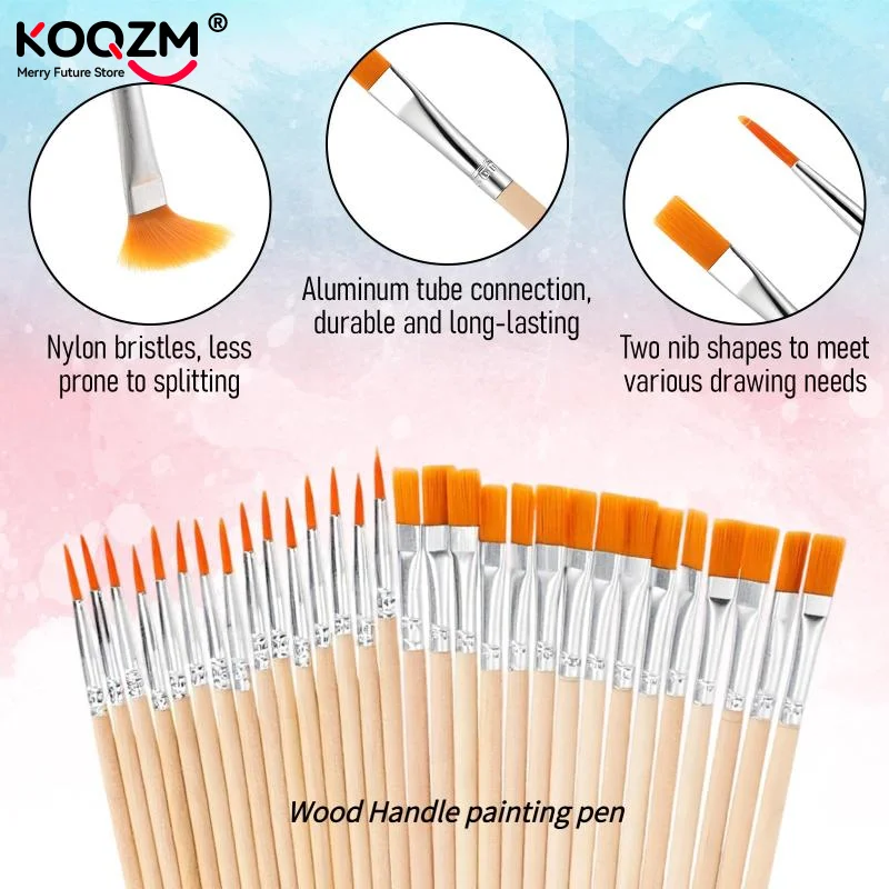 20/50/100 Pcs Wood Handle Painting Brushes Set Art Round Flat Hair Nylon Hair Paint Brush For Acrylic Watercolor