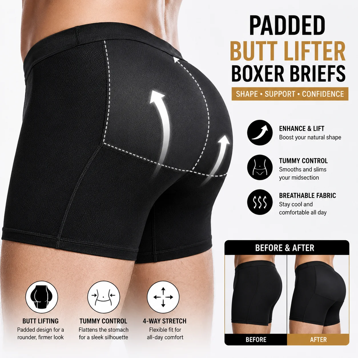 Men Padded Underwear Boxer Briefs Tummy Control Body Shaper Shapewear Enhance Butt Lifter