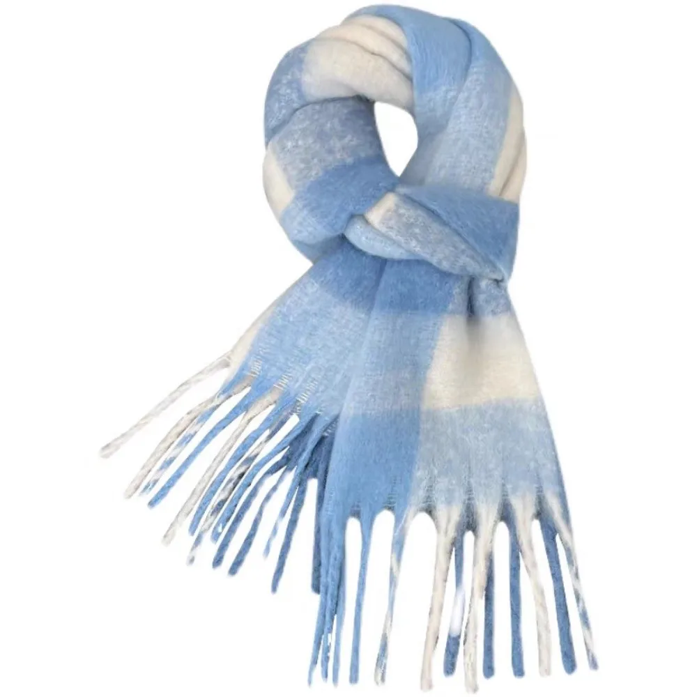 Blue White Plaid Fringe Scarf Tartan Checkered Thick Woolen Winter Warm Shawl Unisex Style Soft Acrylic Knitted Woolen Wrap