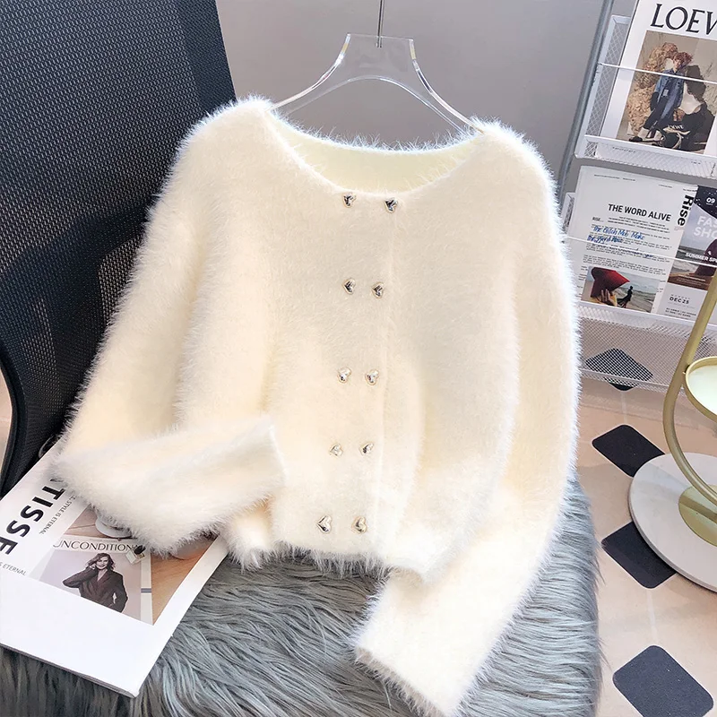 Imitation Mink Knitted Cardigan Sweater Coat Women\'s 2023 New Autumn Winter New Elegant Heart Double Breasted Long Sleeve Top