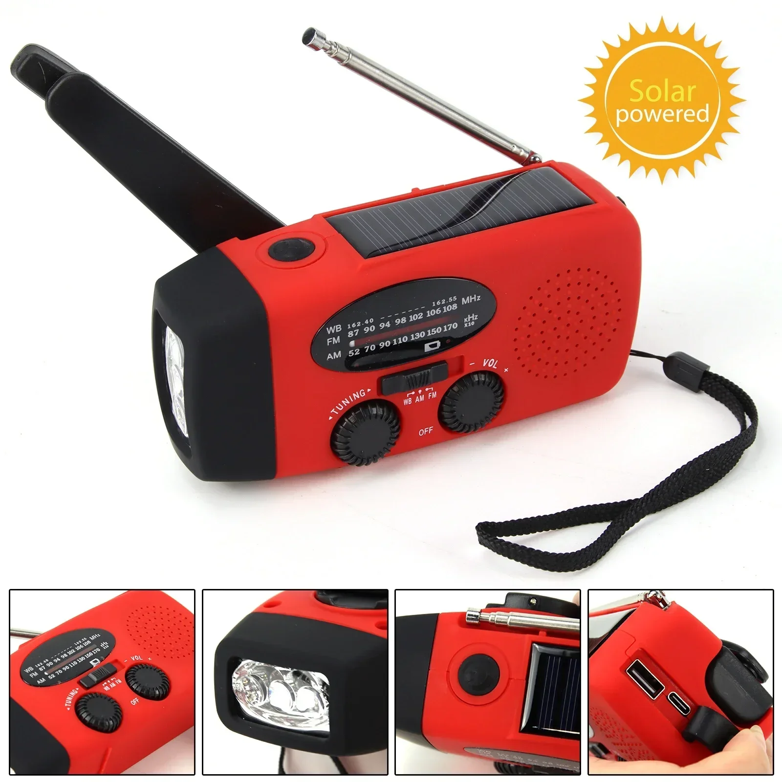2000mAh USB Charging Emergency LED Flashlight Power Bank Multifunctional Solar Hand Crank Radio FM AM WB NOAA Weather Radio