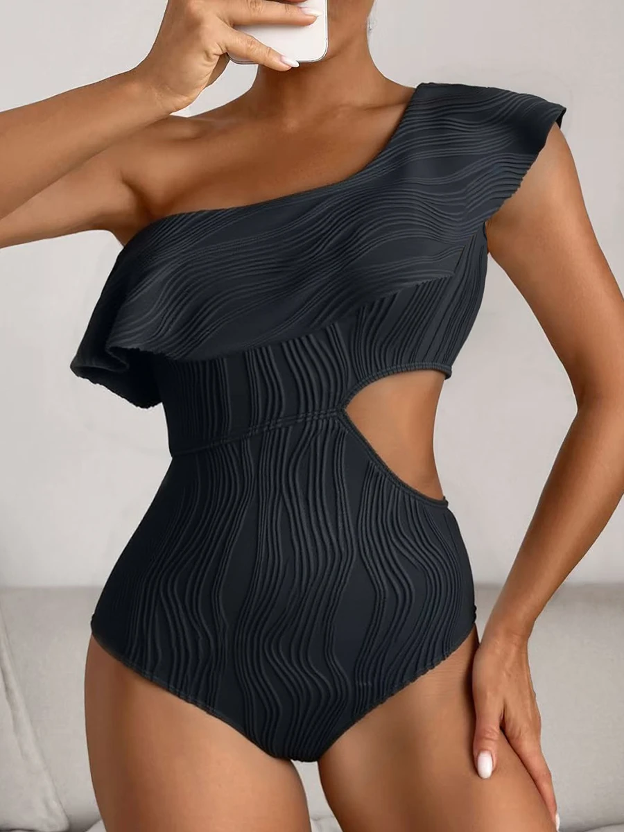 

2026 Ruffle Hollow One Shoulder Swimsuit Women One Piece Swimwear Female Solid Bathers Bathing Swimming Swim Suit Beachwear XL
