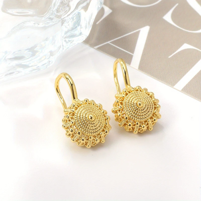 Gold Plated Stainless Steel Vintage Filigree Round Drop Hook Earrings Tarnish Resistant Hypoallergenic Jewelry for Women Daily W