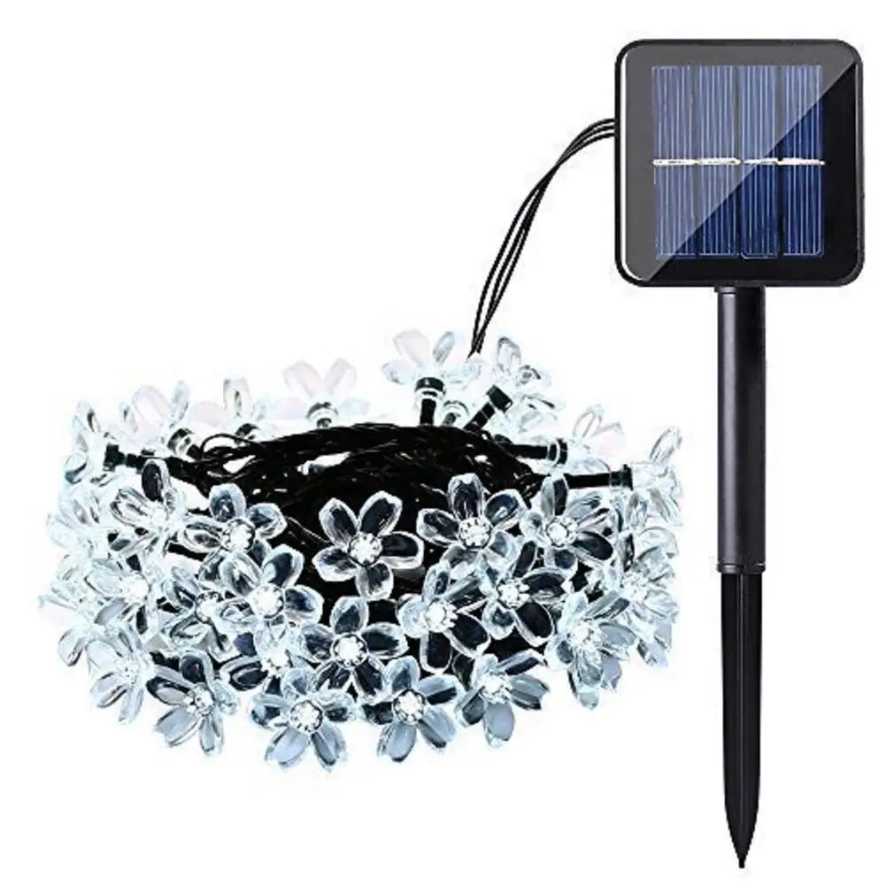 Lâmpada solar com flor de pêssego, LED String Fairy Lights para decoração de casamento ao ar livre, 8 funções, 5m, 6.5m, 7m, 12m