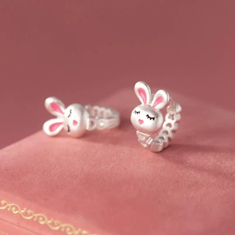 Hot selling new 925 sterling silver frosted cute pink rabbit ear buckle with exquisite temperament and animal earrings ED055