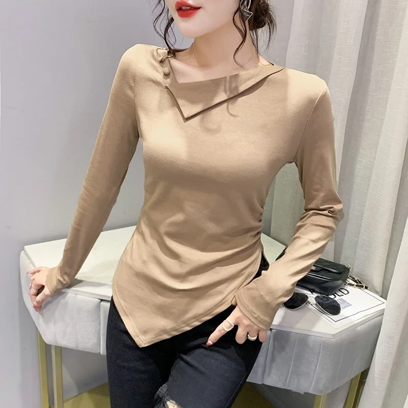 

Асимметричный длинный топ-футболка женский облегающий базовый, весна-осень, в корейском стиле, для повседневной носки, однотонный, корейская версия