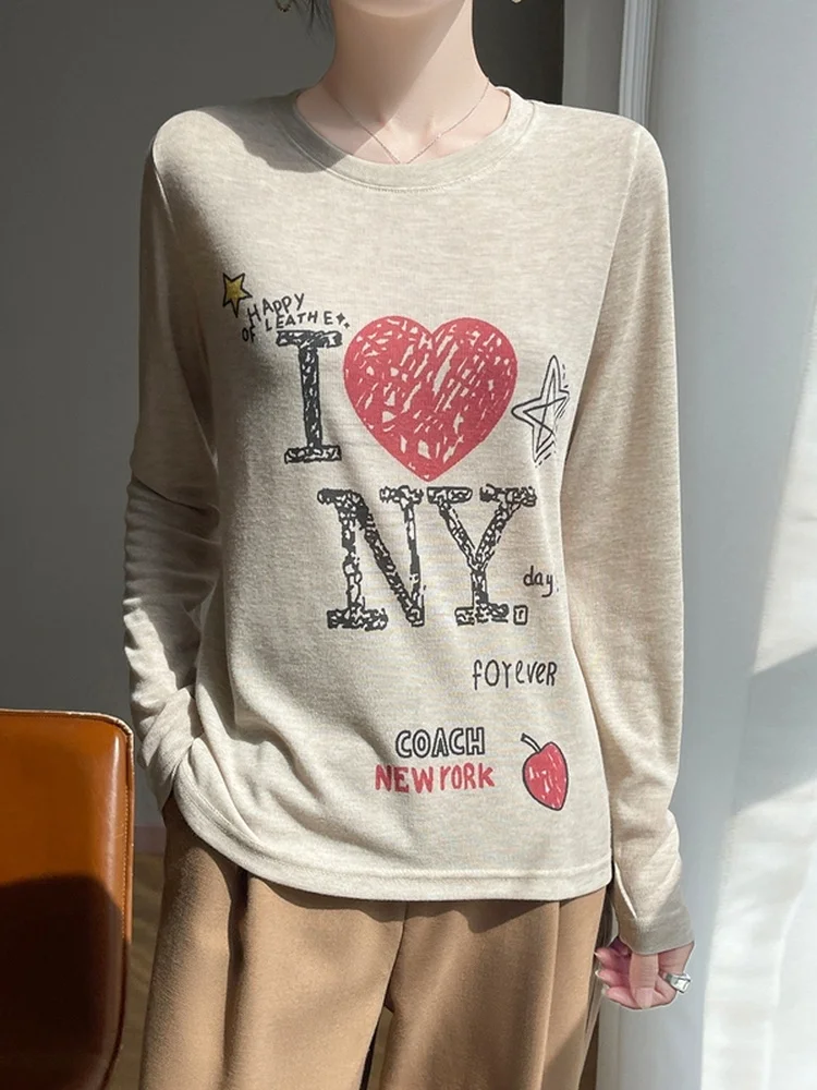 

2025 New Women's round Ne Long Sve T-irt Faionable Korean Sle Base irt Casual Loose Fit Soft Printed Top
