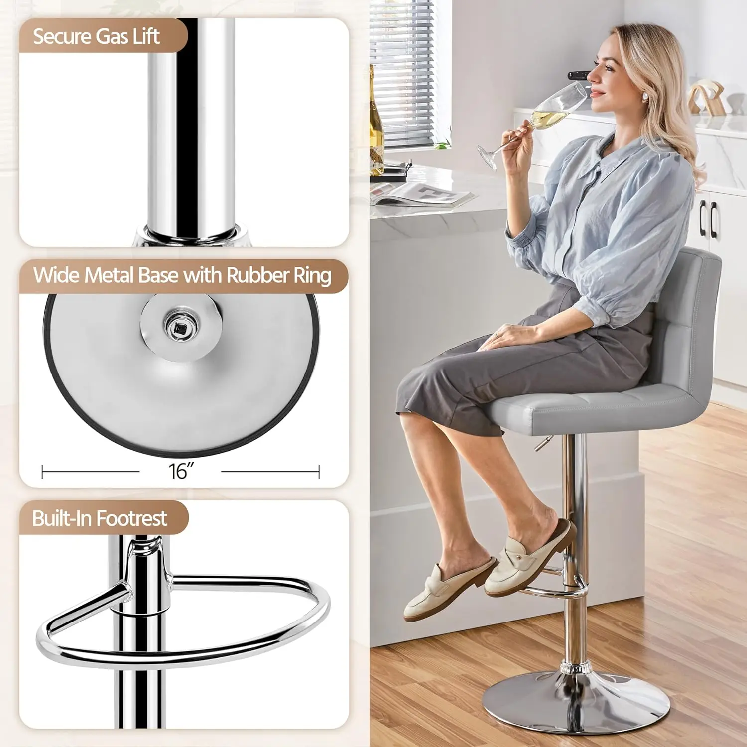 AdjustablePU Leather Swivel Barstools,Counter Stools with Back and Footrest,Counter Height Barstools for Bar,Kitchen Dining Room