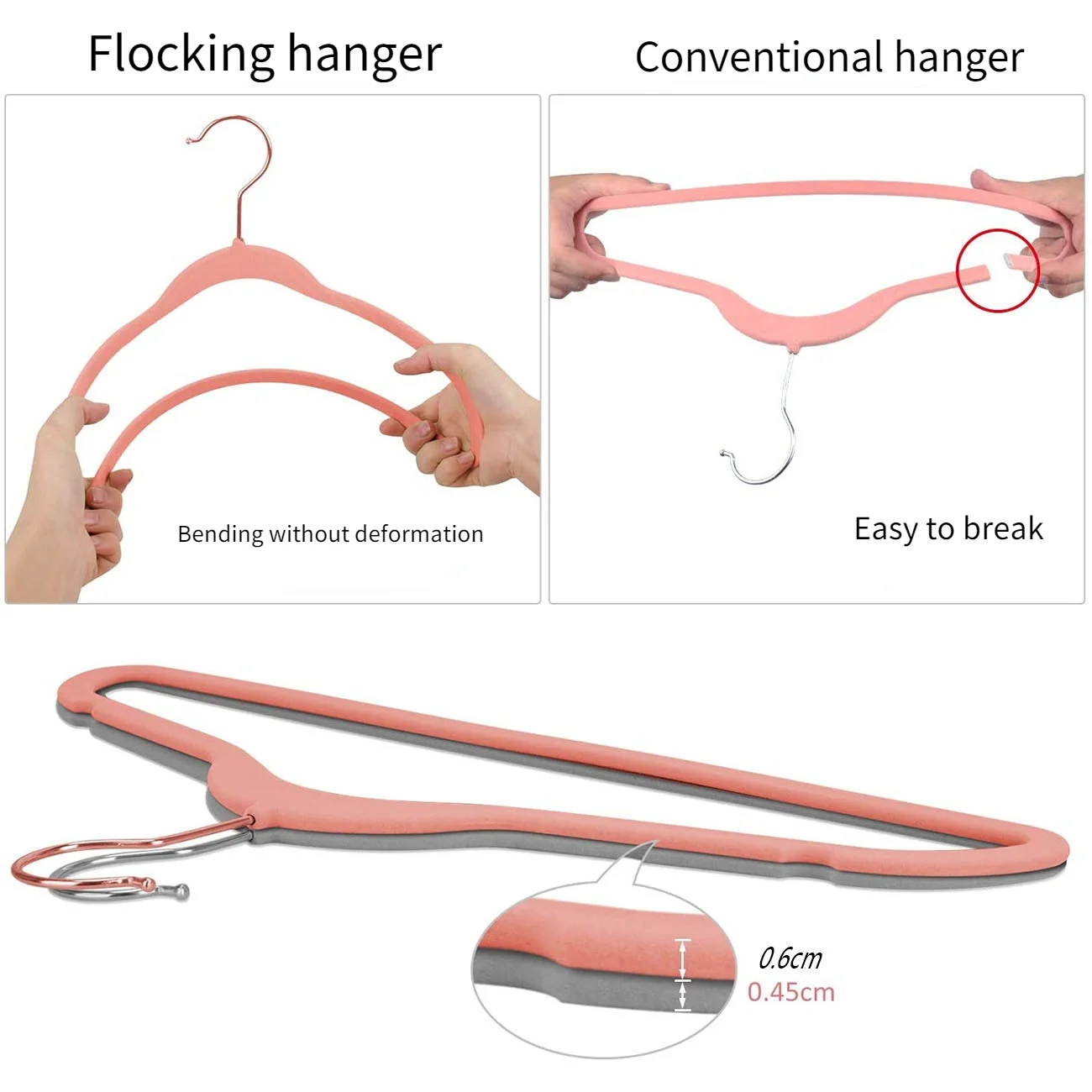 Pink gold hook anti-slip flocking hanger, 45CM velvet adult clothes hanger, ABS magic hanger clothes support, home girl wardrobe