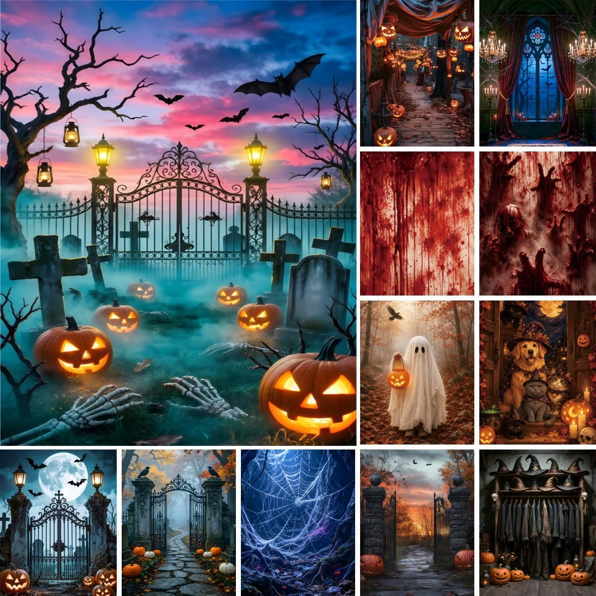 Halloween Photography Background Horror ‌Moon Night Pumpkin Light Banner Bloody Ghost Claw Ghost Costume Decor Backdrop Poster