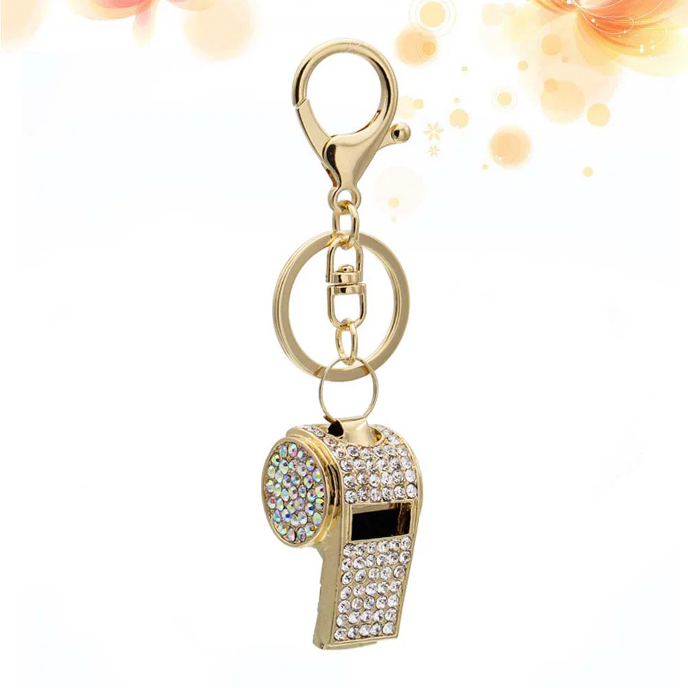 Whistle Rhinestone Keychain Car Keyring Purse Bag Pendant Decoration Hanging Ornament Creative Gift (Golden White)