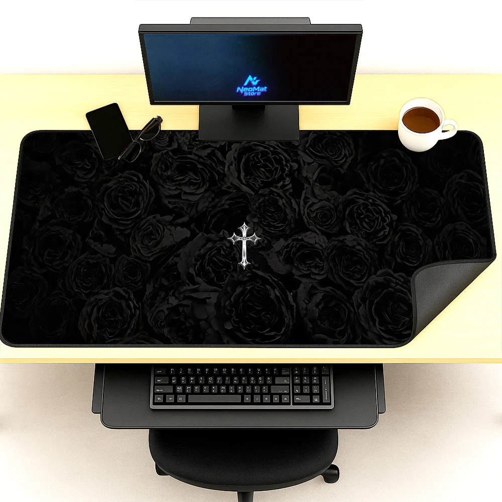 Gothic Deskmat Big 120x60 Silver Black Cross Mousepad Gaming Roses Playmat Nonslip Computer Desk Accessories