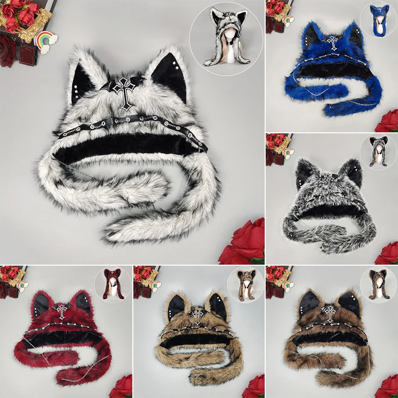 سلسلة الظلام القوطية أفخم قبعة Y2K الصليب المعادن نمط أغطية الرأس تأثيري القط الأذن قبعة هالوين الشرير الصخرة قبعة دافئة للنساء الرجال الطفل #1