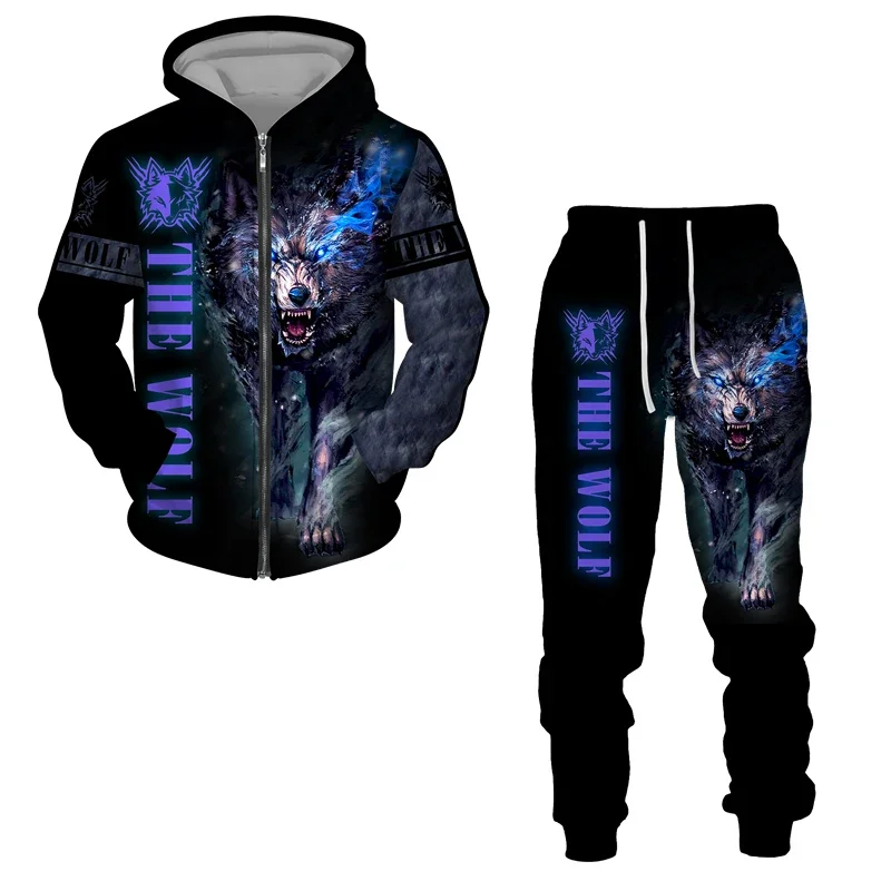 Masculino 3d impresso lobo zíper hoodies terno animal agasalho/calças manga longa casual streetwear oversize outono inverno de alta qualidade