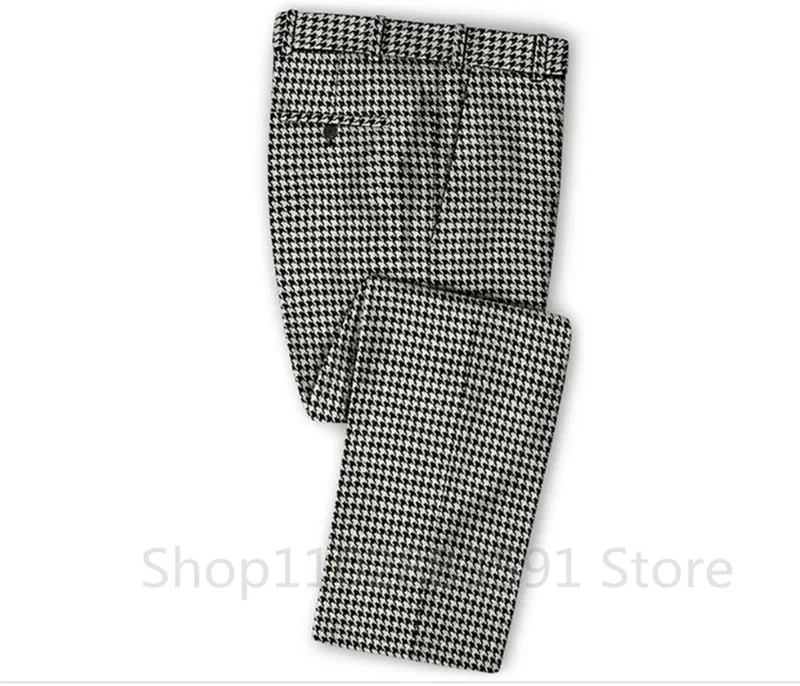 Check Houndstooth Men Suits for Groomsmen with Peak Lapel 2 Pieces Wedding Tuxedo Casual Plaid Man Fashion Jacket Pants