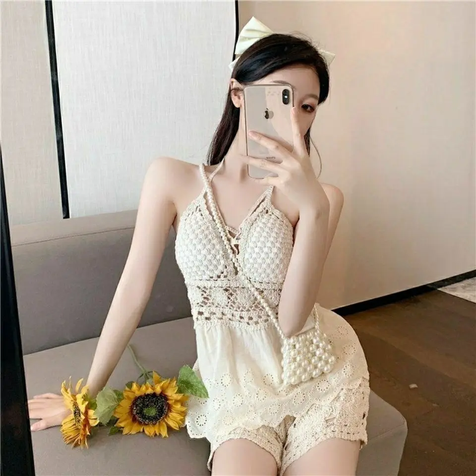 Three Piece Sets for Women Hollow Out Cardigan Halter Camisole Wide Leg Shorts Vacation Knitted Home Suits Beach Style E981