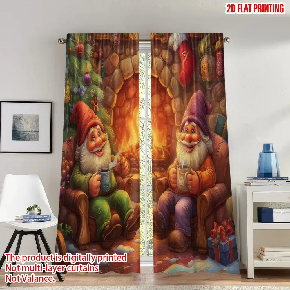 

2pcs 2D flat printing Christmas Classic Hot Curtains Cozy Gnomes Fireplace Christmas Drink Digital Printed Polyester Drapes