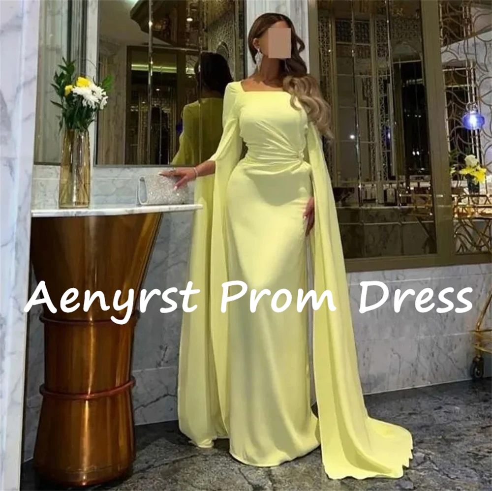 Aenyrst Gelbes Chiffon-Abschlussballkleid mit quadratischem Kragen, Meerjungfrau, lange Ärmel, Abendkleider, maßgeschneidertes bodenlanges