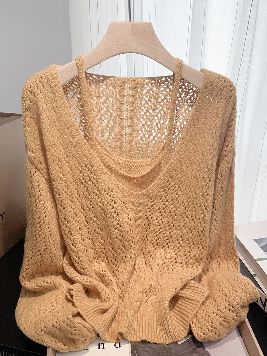 

Yellow Knitted Hollow out Sweater Top Women's Early Spring Bright Beautiful Two Piece Set Loose Fit V-Ne ort Length
