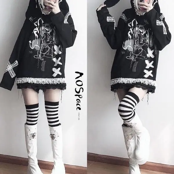 Subcultura japonesa Harajuku Manga dulce chica guay Y2k Tops sueltos Casual Orejas de conejo Anime Sudadera con capucha mujeres otoño