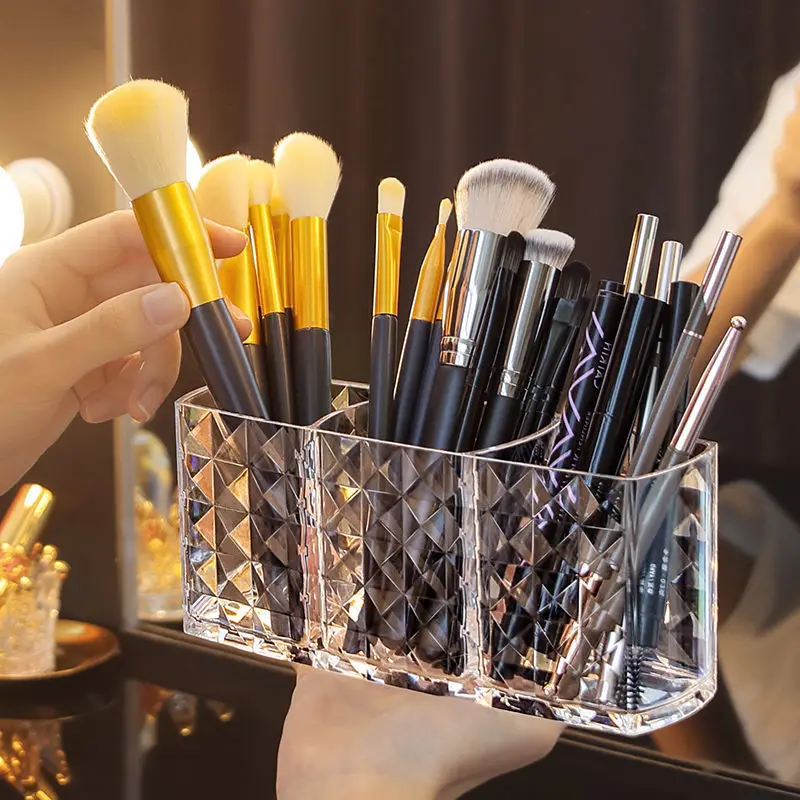 Rangement de pinceaux de maquillage en acrylique transparent, porte-pinceau à trois grilles, stockage de cosmétiques, décor à la maison, évaluation de maquillage, E27, 1 pièce