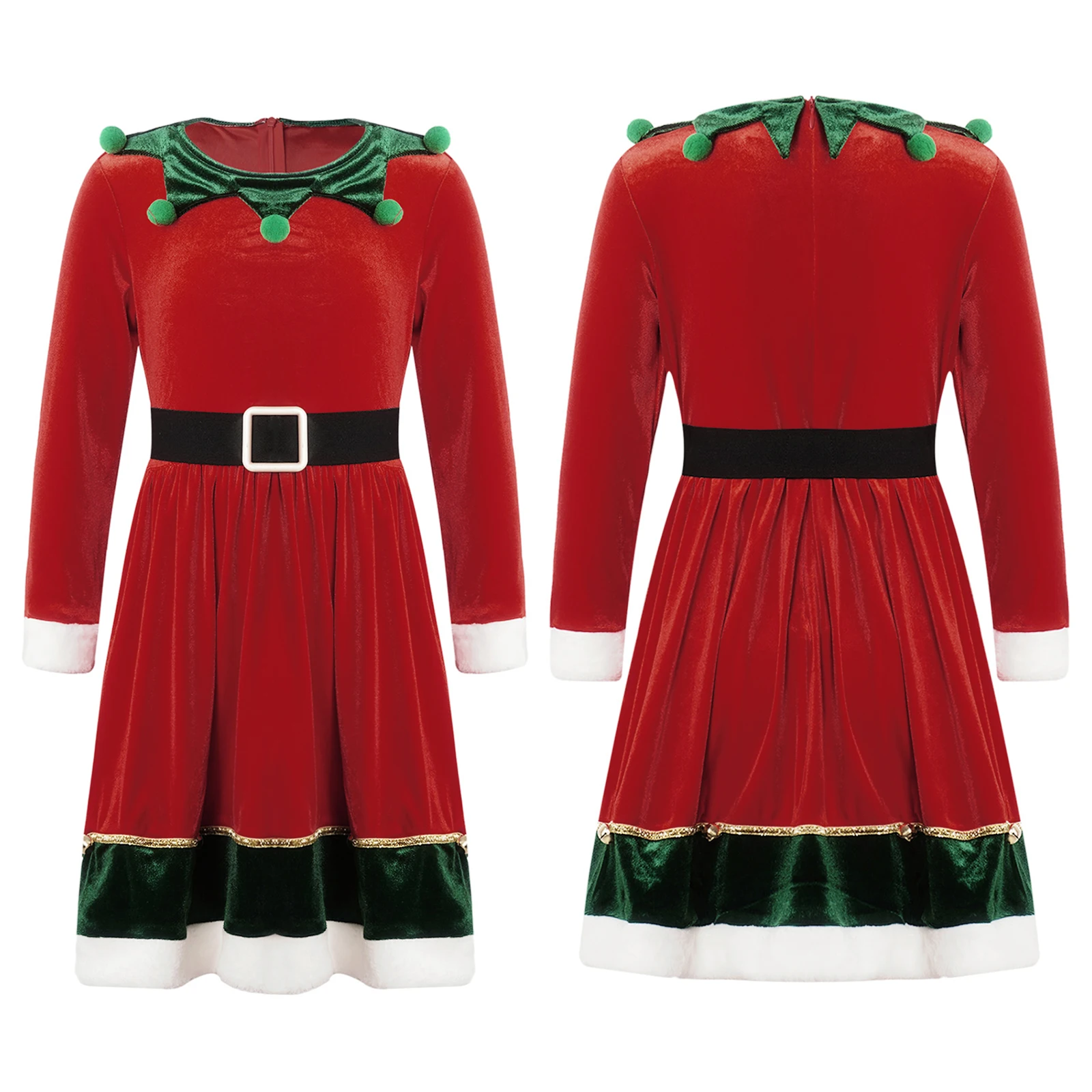 

Kids Girls Christmas Dress Velvet Long Sleeves Clown Collar Bells Long Dress Fancy Xmas New Year Party Dance Cosplay Costumes