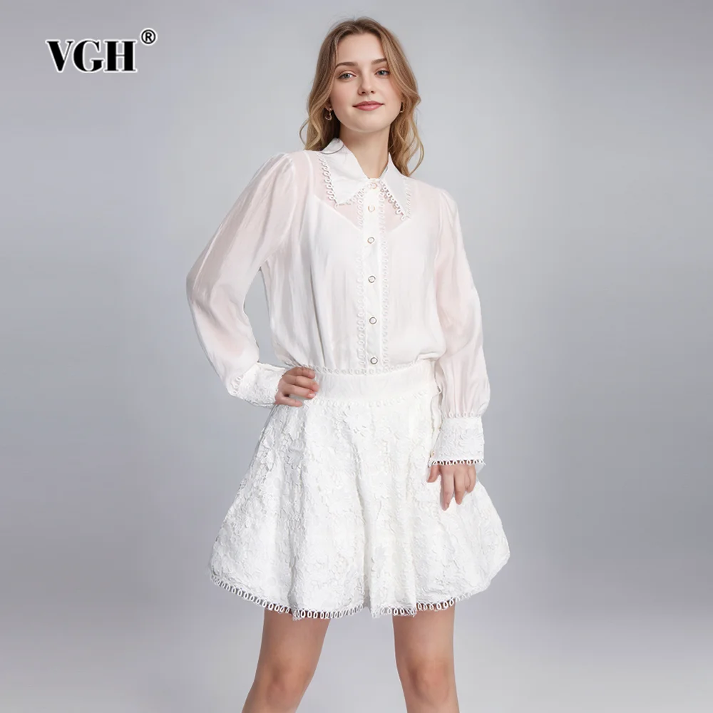 

VGH Solid Patchwork Embroidery Two Piece Sets For Women Lapel Long Sleeve Shirts High Waist Short Skirts Casual Set Female New