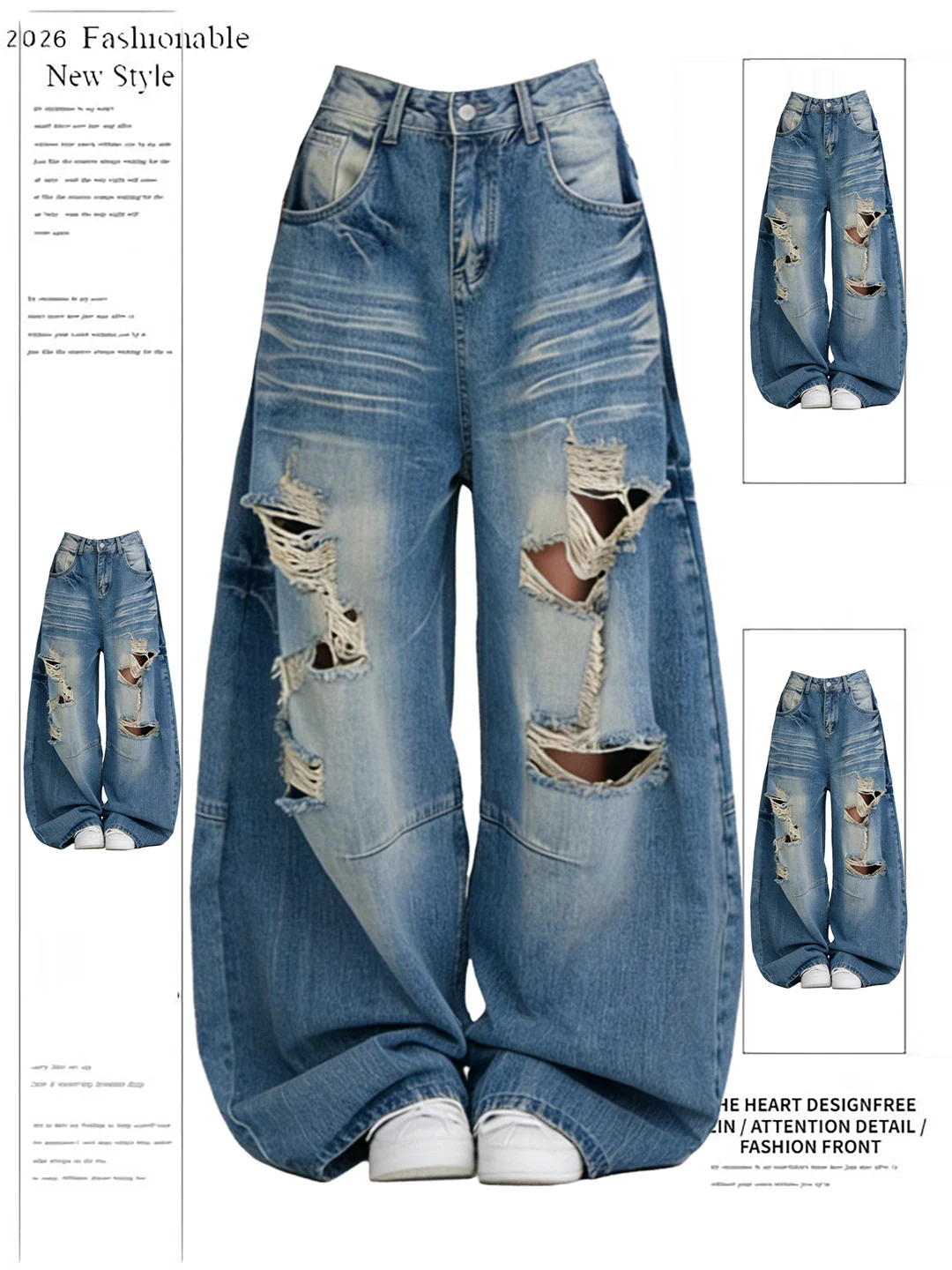 

Retro American Washed Denim Jeans Women's Spring Summer High Waist Wide Leg Pants Torn Loose Fit Casual Blue Jeans