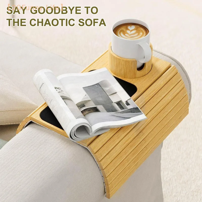 Removable Couch Cup Holder Natural Bamboo Anti-Slip Sofa Armrest Tray Foldable Multifunctional Sofa Cup Holder