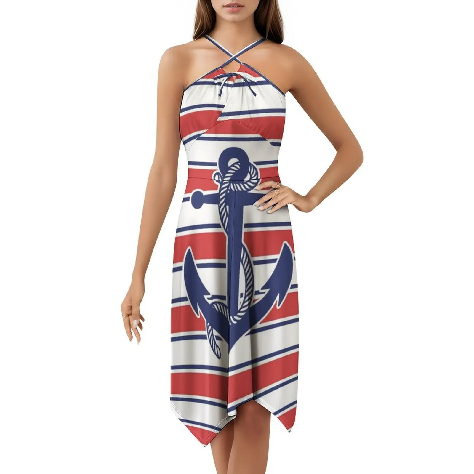 المشارب ومرساة الأزرق والأحمر البوهيمي فستان بلا أكمام متعدد طباعة شاطئ عطلة فستان الحفلات بحار مرساة فتاة المشارب #5