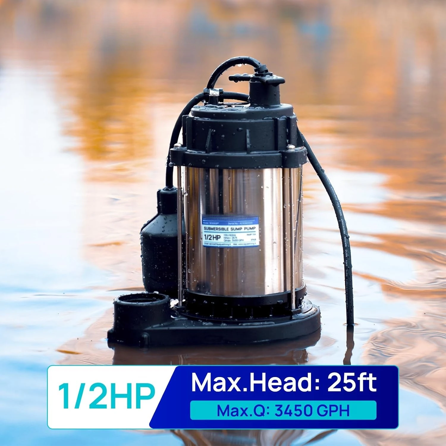 

1/2 HP Sump Pump, 3450 GPH Stainless Steel and Thermoplastic Submersible Water Pump, Automatic Float Switch with Piggy-back Plug