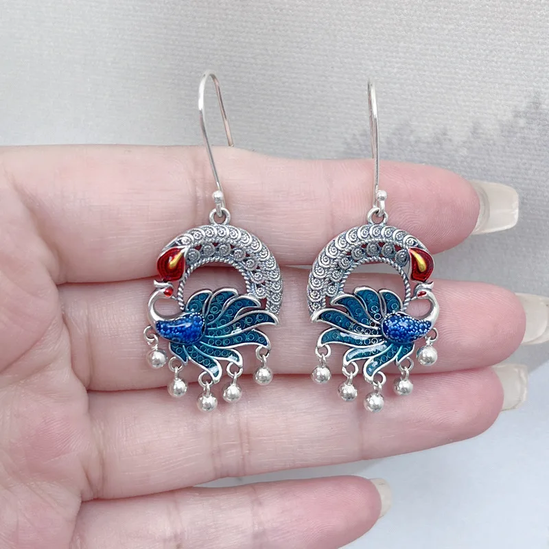 

Langyan 925 Sterling Silver Enamel Colorful Phoenix Tassel Earrings Vintage Ethnic Filigree Crafts Drop Earrings for Women EH256