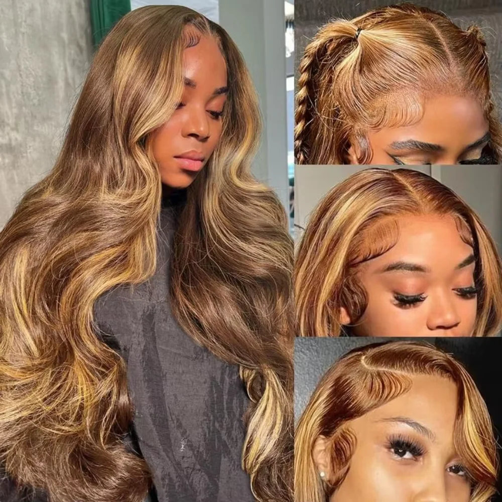 Parrucca in capelli umani con onde naturali, colore biondo miele P4/27, effetto ombré, con rete trasparente HD 13x4, pre-implantata, lunghezza 30 o 40 pollici, colore biondo miele P4/27 con mèches,