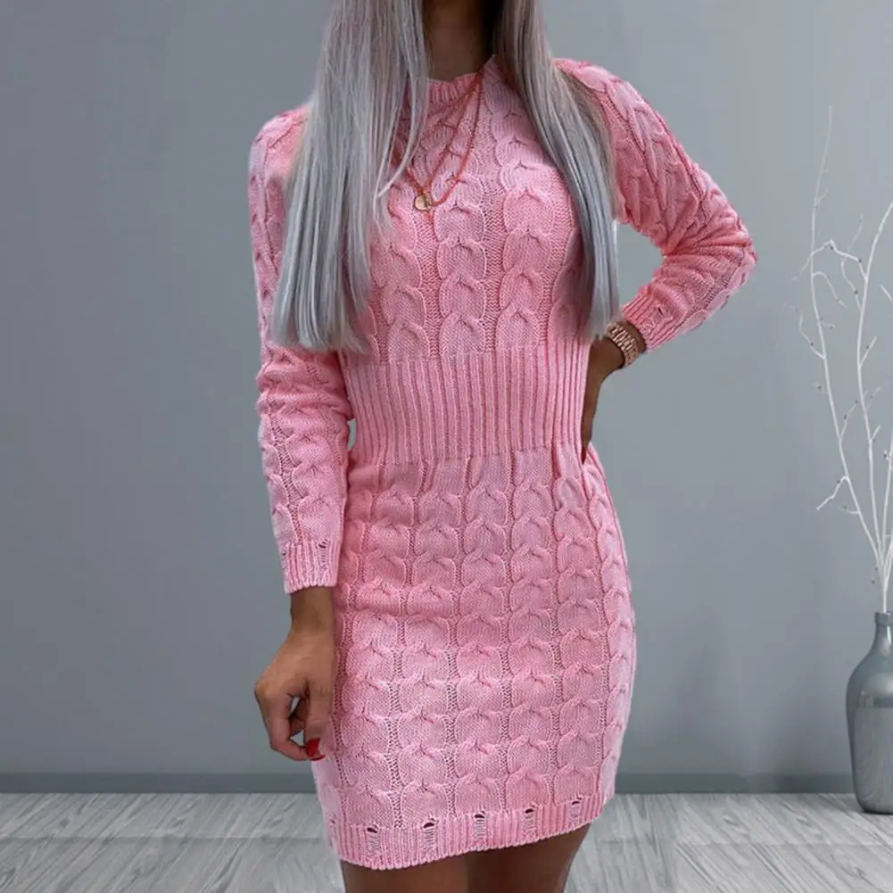 

Highly Elastic Dress Elegant Half High Neck Knit Sweater Dress with Rough Hemp Jacquard Texture for Autumn Winter Women's