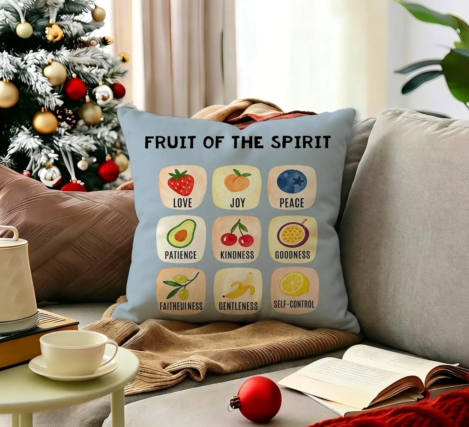 Fruit of the Spirit Pillowcase, Cute Christian Cushion Cover, Bible Verse Home Decor, Religious Faith Sofa Gift