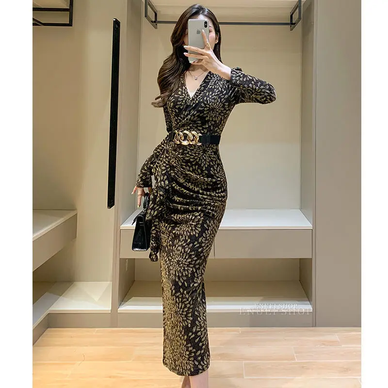 Tuxedo Dress women's dress elastic bright silk large women's store flash silk collar long sleeve side fork covered belly long Hi