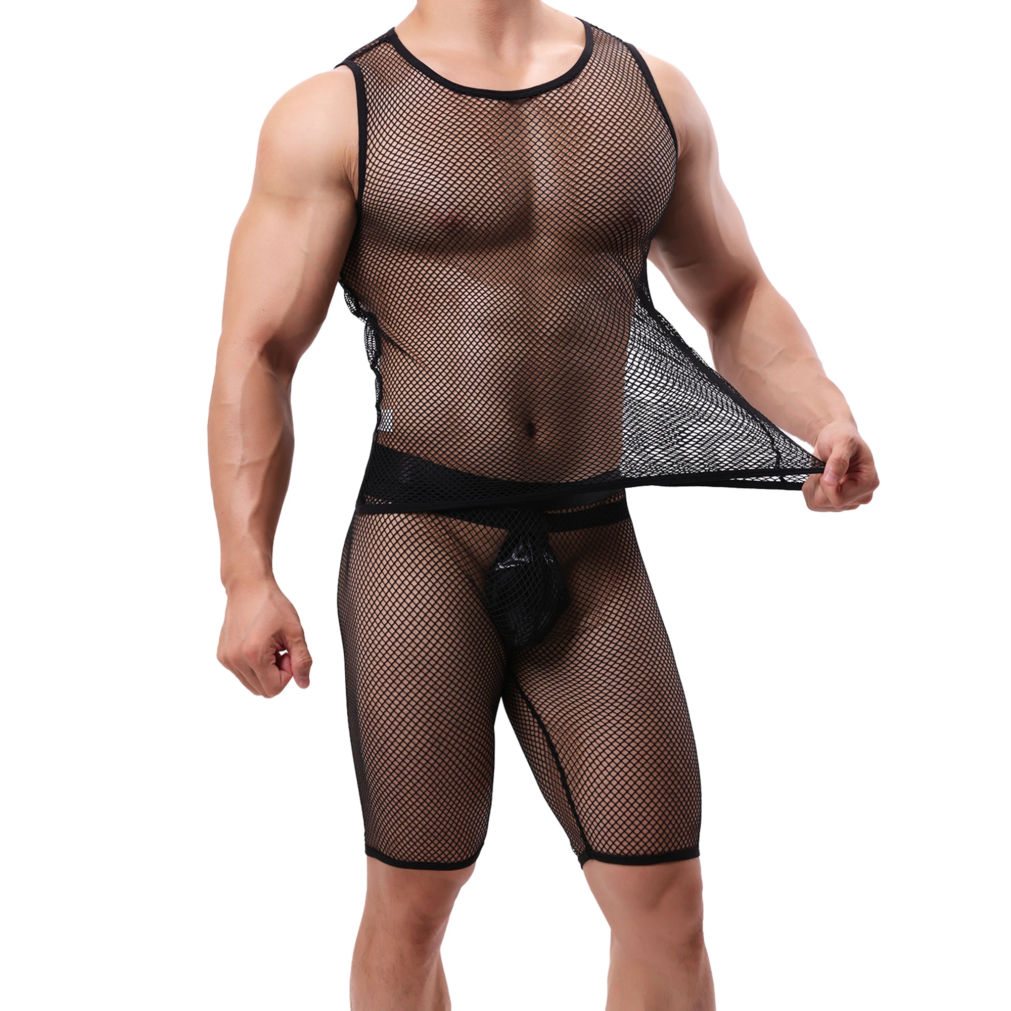 Men's Fishnet Mesh Tank Tops With Casual Shorts Stage Nightclub Performance Fetish Wear Hollow Out Fish-net Sheer Sexy Vest Set