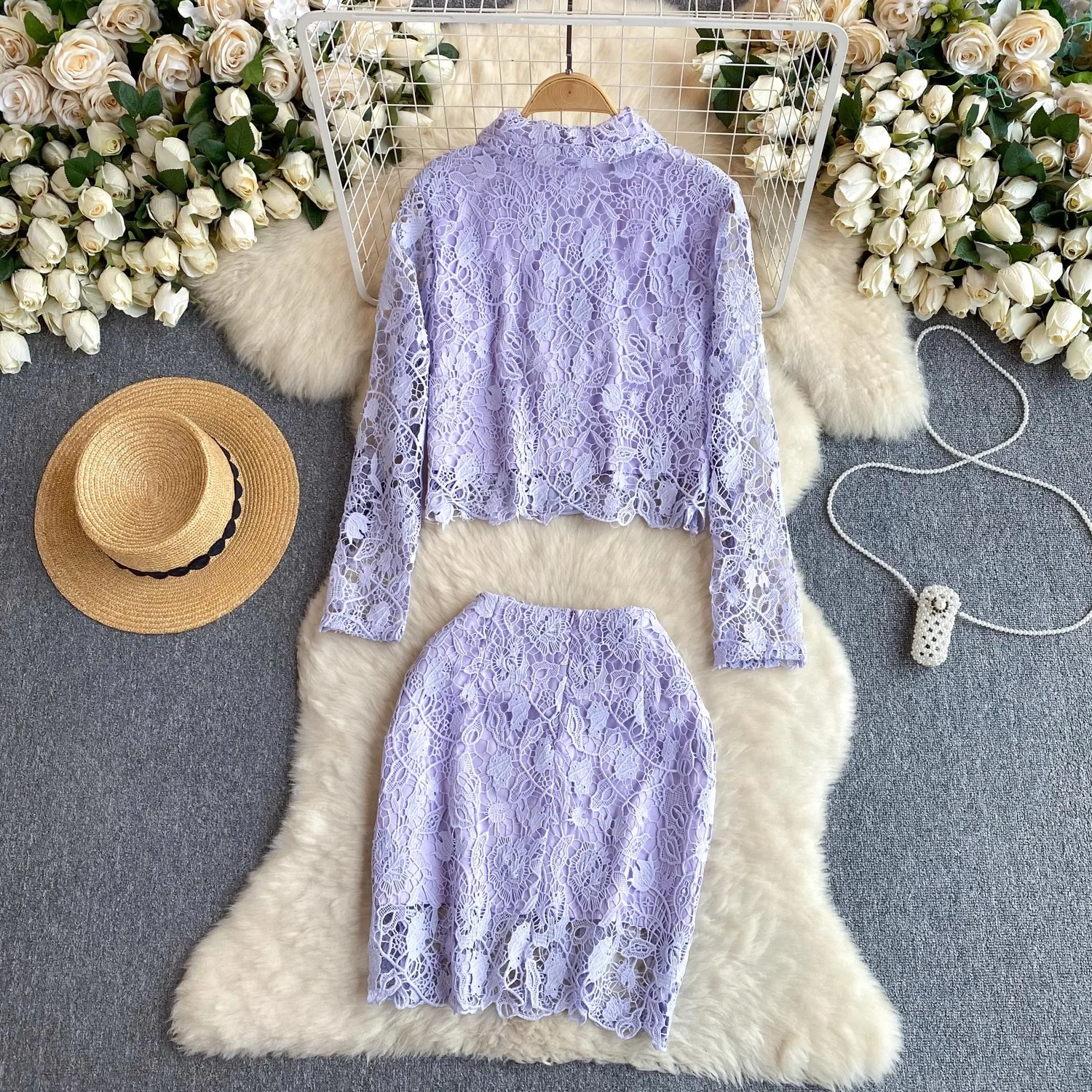 Purple Lace 2 Piece Sets Women Hook Flower Hollow Button Up Elegant Two Piece Sets Lady Runway Design Summer Holiday Skirt Sets