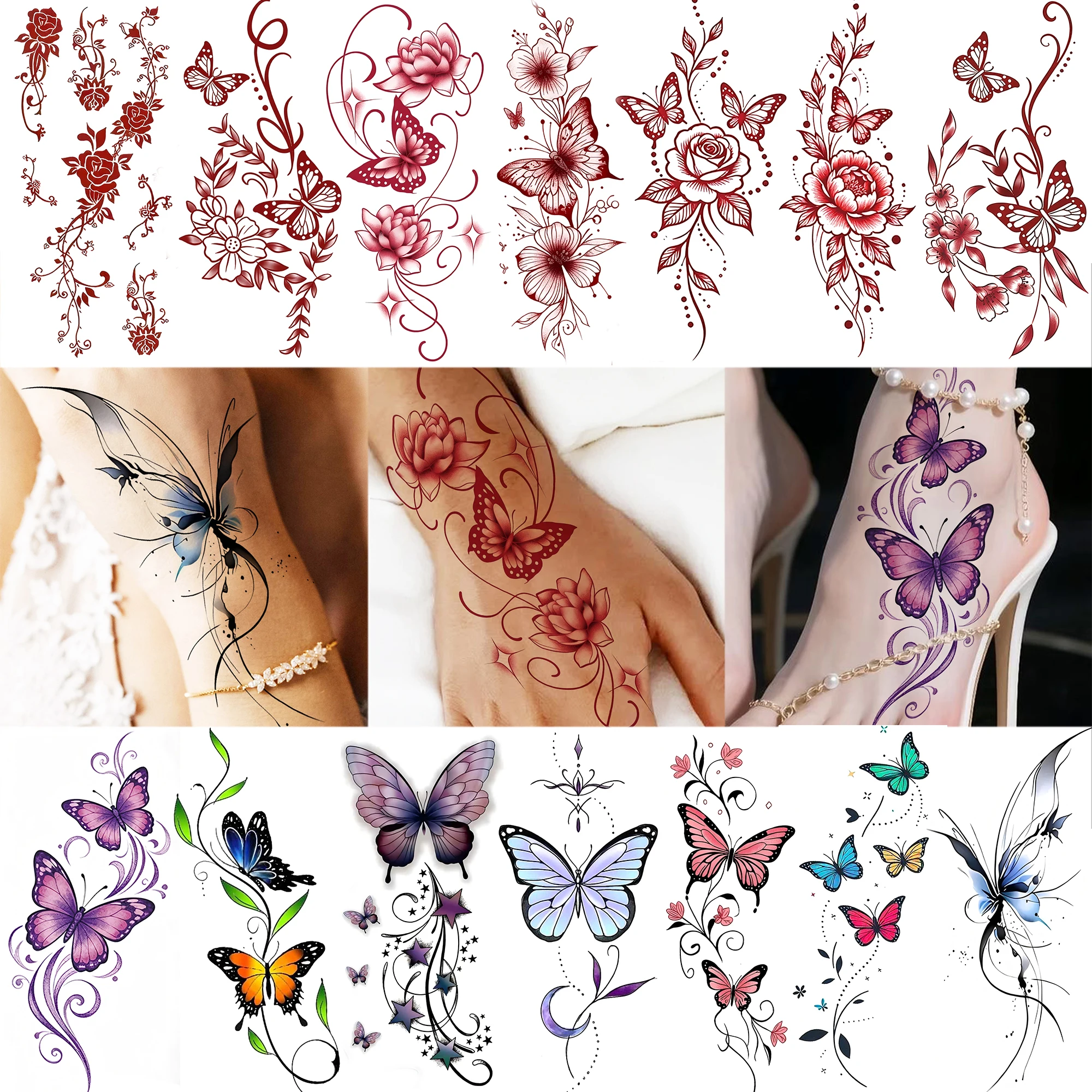 

1 Sheet Henna Indian Style Flower Butterfly Temporary Tattoos Women Hands Foot, Fake Tattoo Sticker Long Lasting Realistic Tatoo