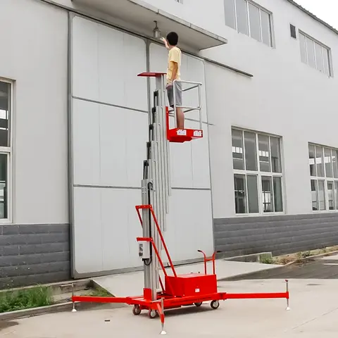Nouveau design, plateforme de travail aérienne monopoteuse électrique, 10 m, 150 kg, en alliage d'aluminium, à déplacement manuel.