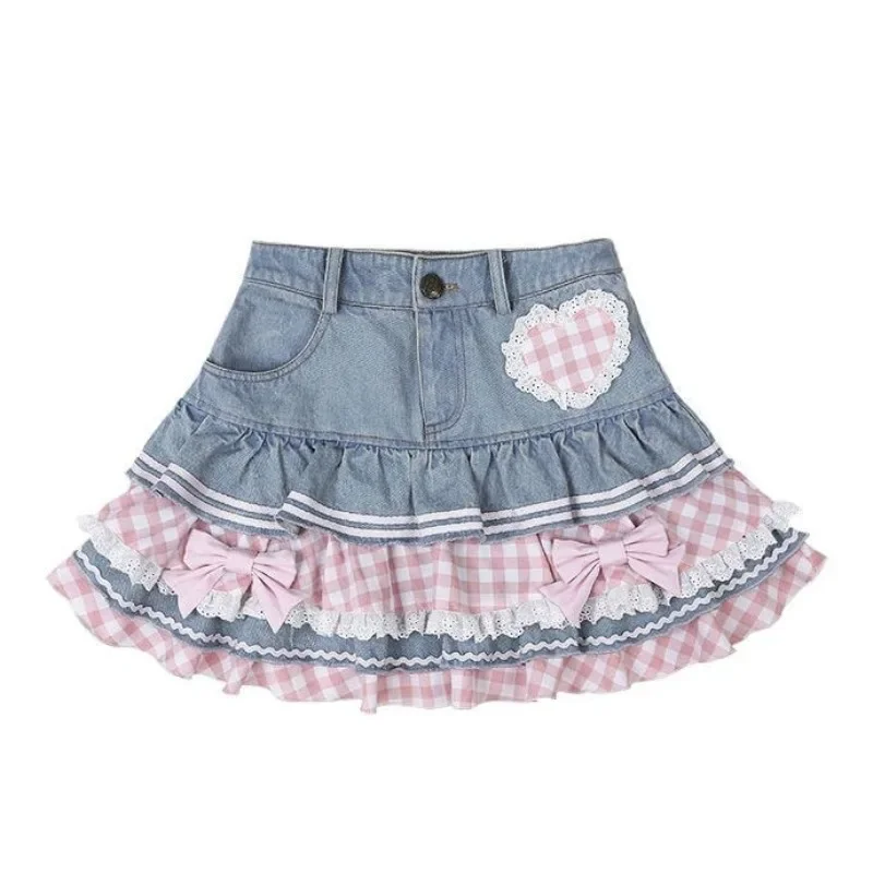 Japanese Lolita Girl Denim Shorts Female High Waist Fungus Patchwork A- Line Lace Love Applique Shorts Jeans Hot Pants Summer