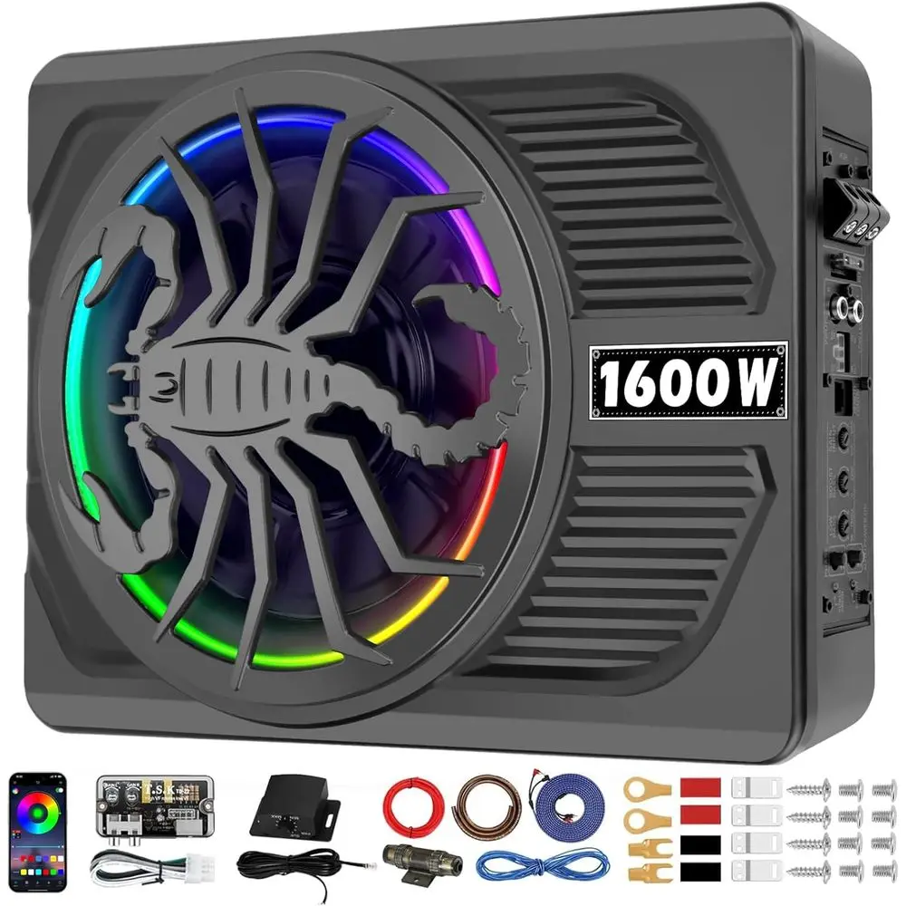 

2026 Upgraded 1600W Slim Under Seat Powered Car Subwooer and Amp Package with RGB Beat-Synced Light, Caruck Audio Sub Built-in A