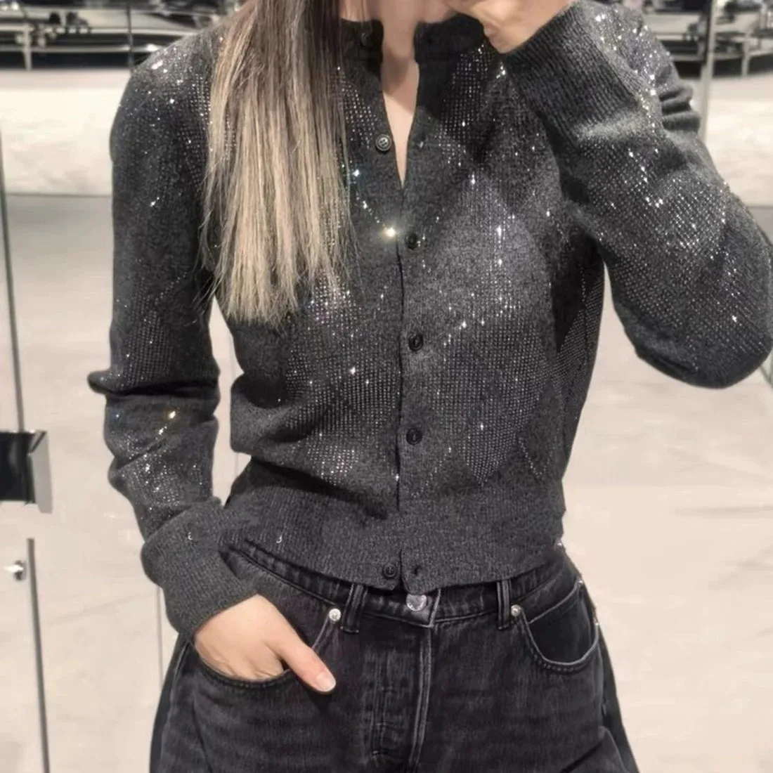 

Luxury European Sle iny Heavy Diamond College Sle Rhombus Coat Sweater Women round Ne Long Sve Knitted Open Cardigan